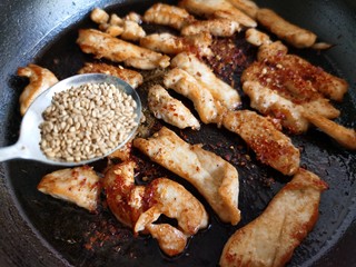 14、孜然鸡胸肉,加入炒熟的白芝麻。