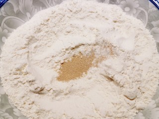 1、鲜肉饼,面粉和酵母粉混合