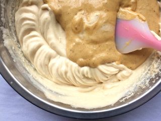 11、红糖红枣戚风蛋糕,倒入剩下的蛋白里用同样的方式拌均匀；