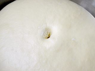 13、超详细步骤教你直接法无敌松软全麦肉松吐司,保鲜膜覆盖室温发酵1小时左右，这一步是一发。（苏苏用的发酵箱，温度为28℃）。检测面团是否发酵完成，手指插入面团后，略有回缩，肚脐状圆孔
