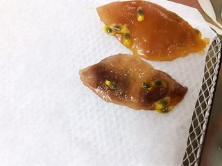 14、百香果果脯,摆在铺有油纸的烤架上