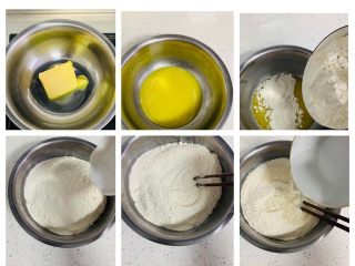 4、牛角酥,电磁炉小火融化，黄油变成液体放凉备用，白鲨餐包粉中加入盐，搅拌均匀。搅拌均匀的粉，加入软化好的黄油中，加入水，水要一点点的加。