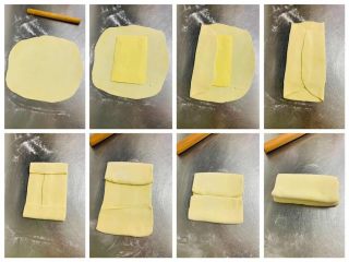 8、牛角酥,从冰箱里取出黄油片放在中间，从两边向中间折起面皮，如图，用擀面棍，轻轻按压再次擀成40厘米长、16厘米宽的面胚，两边向中间对折再对折像叠被子一样，放入冰箱冷藏30分钟，冷藏时间到了后拿出来重复上面的折法再折一次，再次放进冰箱冷藏备用。