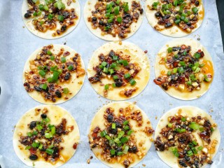 7、饺子皮辣酱饼,撒上葱花。