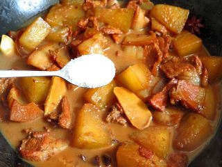 11、猪肉炖冬瓜粉条,加入适量的盐调味