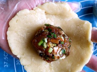 19、苏式梅干菜鲜肉月饼,中间放一个肉馅,包好,接口处不能露陷,不然烤的过程中肉馅会流出来。