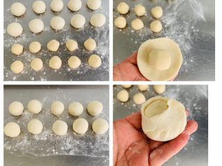 7、咸味香葱芝麻小酥饼,水油皮和油酥都平均分成10份。先取一个水油皮按扁成圆形，将油酥面团放在水油皮面团中间包起来收口朝下放置。