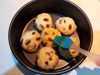 16、超软的葡萄干小餐包,在饧发好的面团上均匀的刷一层全蛋液