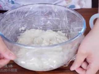 2、春日田园披萨,盖上保鲜膜，在20度左右的室温下发酵18-24小时