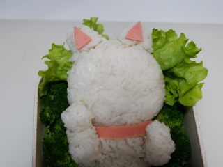 14、卡通招财猫牛肉饭便当盒,用火腿片切出耳朵和脖圈像图片这样贴好。