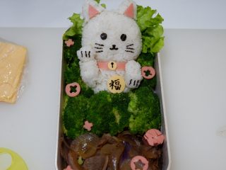 19、卡通招财猫牛肉饭便当盒,再取适量火腿片压出小花装饰即可。