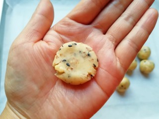 9、芝麻核桃一口酥,用手掌心按压一下，一个小小的一口酥就做好了。 烤箱上下管160度预热。