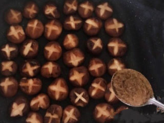 14、孜然烤香菇,把烤盘取出来，给香菇翻面，撒上孜然粉，再烤5分钟即可