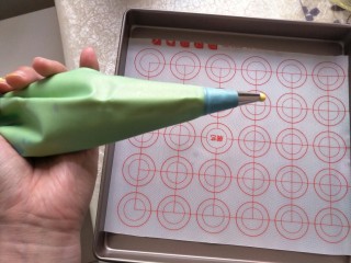 11、宝宝零添加健康零食蛋黄溶豆,将拌好的蛋黄糊，装入裱花袋中，在烤盘中垫一个硅胶垫(可以用油纸代替)
