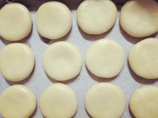 20、玫瑰鲜花饼,同样的方法，全部做好，用掌心按扁，收口朝下，摆放在不粘烤盘上（如果没有不粘烤盘，需要先在烤盘上铺一层烘焙纸）