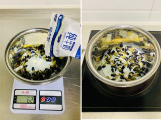 5、青花瓷冰皮月饼,将2.蓝色面浆:150克的牛奶加入5克的碟豆花电磁炉上大火烧开转小火再煮1分钟,晾凉取出蝶豆花不要,得到一份120克的蓝色牛奶。