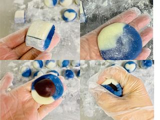 11、青花瓷冰皮月饼,取一个面剂放在掌心压成边缘薄,中间厚的面饼,放上25克的豆沙馅料,利用虎口收圆。