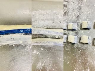 10、青花瓷冰皮月饼,三个长条面团粘合在一起后,再用手粉揉搓成直径5厘米粗的长条,分别下成25克一个的小面积。