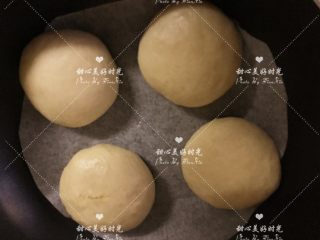 10、爆浆乳酪面包（平底锅版）,将包好的其中4个乳酪包放入平底锅中（锅内放一张油纸），盖上锅盖再发酵20分钟，剩余的4个乳酪包也放在油纸上盖上保鲜膜室温发酵