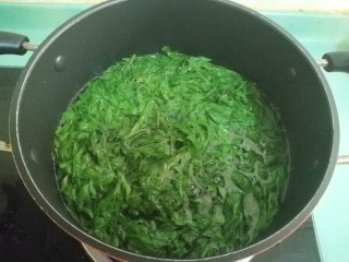 4、豆沙青团,然后烧一锅开水，将洗干净的艾叶放入开水中焯一分钟，去除艾叶的苦味