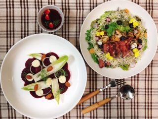 18、鲜花牛排沙拉&甜菜坚果芝士沙拉佐女巫沙拉汁,上菜！在你的亲朋好友心上人们面前，把这个逼装了…………