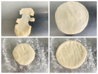 14、老婆饼,做大包酥之前,要在将油酥再次揉搓一遍,让油酥和油皮的硬度是一样的,这样包出来的大包酥不会破皮。水油皮用手掌✋根部按压成边缘薄,中间厚的饼胚,油酥放在油皮中间像包包子一样收拢。接口朝上用手指轻轻从中间向边缘按压。