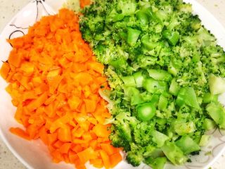 5、西兰花胡萝卜鸡蛋饼,捞出沥干，切成小丁，刀工好的切碎它????