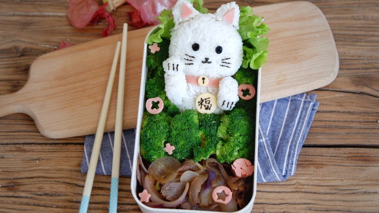 卡通招财猫牛肉饭便当盒