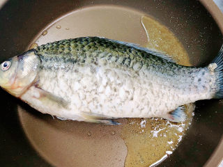 6、萝卜丝鲫鱼汤,锅中倒入油，加热至五成热，放入鲫鱼煎至焦黄。