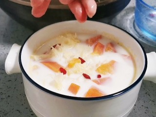 18、木瓜炖牛奶,放上几颗枸杞点缀即可食用