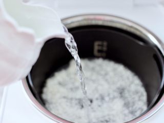 7、青口火腿青菜粥,倒入纯净水，根据自己的口味浓稠来决定加入多少纯净水。