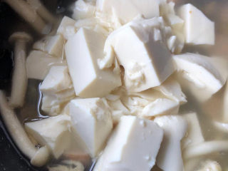16、白玉菇豆腐汤,倒入豆腐拌匀了小火炖几分钟。