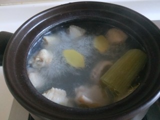 10、白果炖鸡,鸡汤烧开转小火，加入葱段。