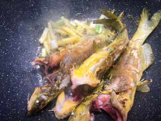5、黄骨鱼豆腐汤,待两面都煎好以后，把姜片和葱白放入爆香。