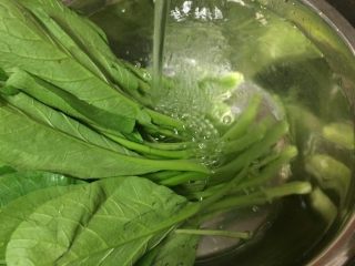3、白灼菜芯,然后在水龙头下冲洗干净，多冲洗几遍