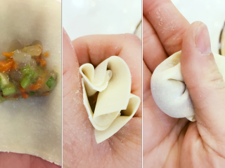 2、宝宝辅食：虾仁时蔬小馄饨-13M+,最简单的馄饨包法，将馅料放在馄饨皮中间，对角折起后放在虎口，另一只手用筷子按住馅料，抽出筷子，虎口收紧，然后再用大拇指压一下，这样就很牢啦，而且本身馅料已经黏，稍稍捏紧一点就好。