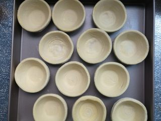 1、烘焙小白零失败的——黄桃蛋挞,蛋挞皮提前从冰箱取出，稍过会儿整理好形状。