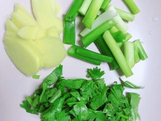 3、冬瓜鲫鱼汤,葱姜、香菜切好待用。