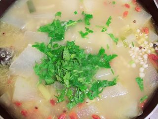16、冬瓜鲫鱼汤,关火儿,出锅前撒上葱末香菜末。