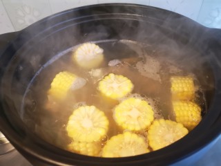 9、脊骨玉米汤,一个小时之后，把玉米下入锅中。再煲半小时。