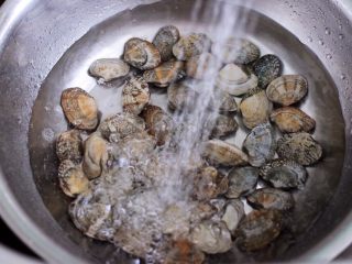 2、丝瓜花蛤炖豆腐,花蛤提前用淡盐水浸泡吐沙后,用清水反复冲洗干净。