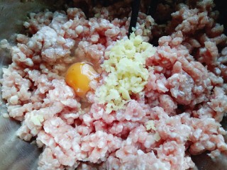 3、#咸味#紫菜虾皮鲜肉小馄饨,将切好的姜蒜加入肉糜中,再加入一只鸡蛋。
