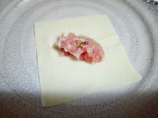 11、#咸味#紫菜虾皮鲜肉小馄饨,取一张馄饨皮,盛一勺肉馅。