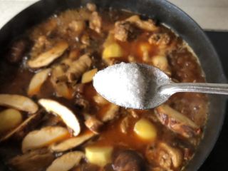 14、土豆烧鸡,加一点盐调味,盖盖子中火炖二十来分钟至肉软烂