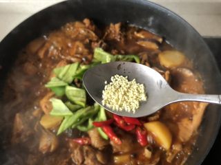 15、土豆烧鸡,大火收一下汤汁,出锅前撒青红椒,加一点鸡精,炒匀即可!