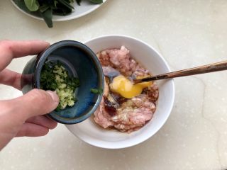 15、点翠清汤白玉丸➕木耳冬瓜丸子汤,加入葱末姜末,搅拌均匀,顺着一个方向搅打上劲