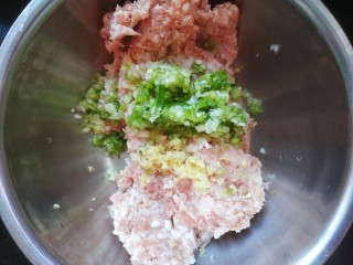 4、冬瓜肉丸汤,把肉馅葱碎姜碎放入盆中