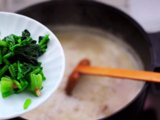 15、生滚槐花猪肝粥,再放入焯水的菠菜。