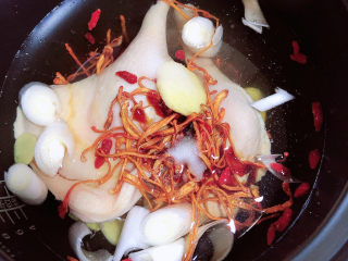 6、老鸭粉丝汤,放入盐、蚝油、生抽、料酒，高压锅选择鸭肉按键，煮鸭汤。