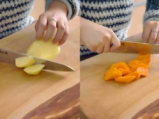 1、奶油炖菜,土豆和胡萝卜洗净切滚刀块